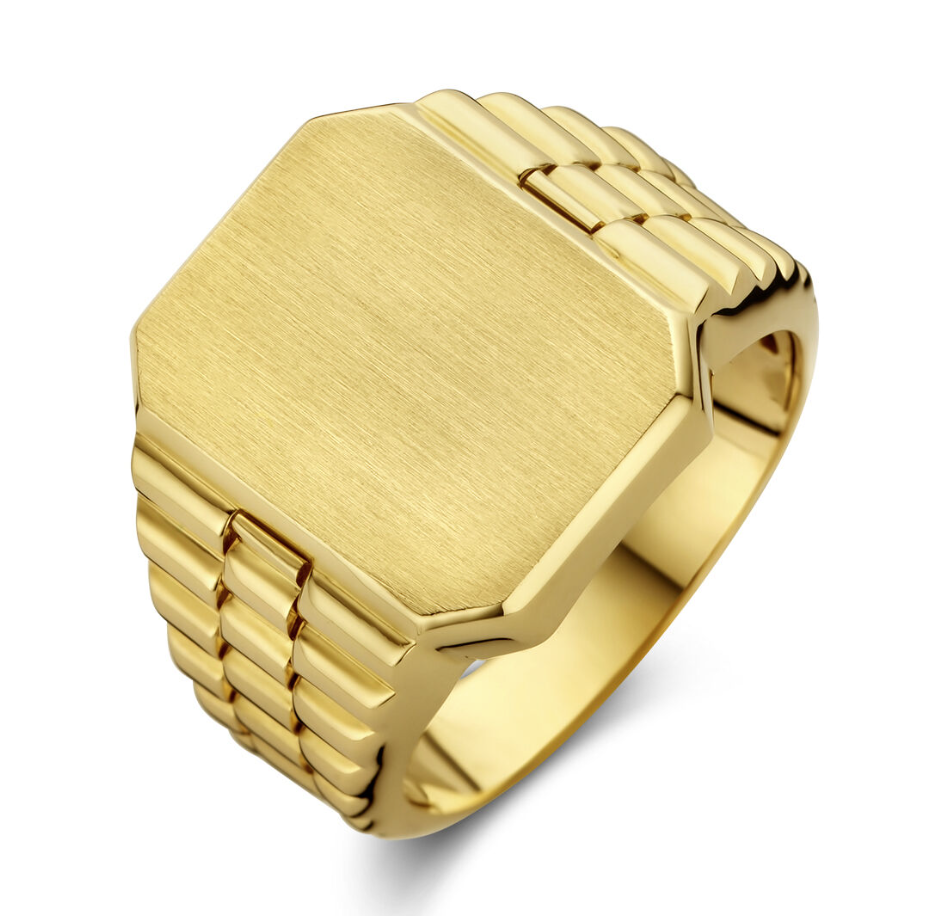 14 Karaat geel gouden heren monogram ring met gematteerde bovenkant. Ring is uitermate geschikt voor het aanbrengen van een gravure.