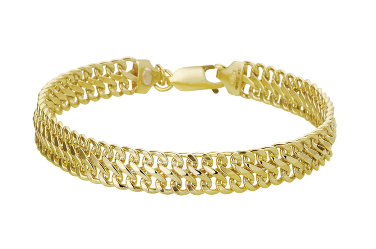 Sieraden van 14 karaat goud met daarin een kern van 925 zilver. Geelgouden armband met dubbel gourmette schakel. De schakelbreedte is 8.0mm. Lengte 21 cm.