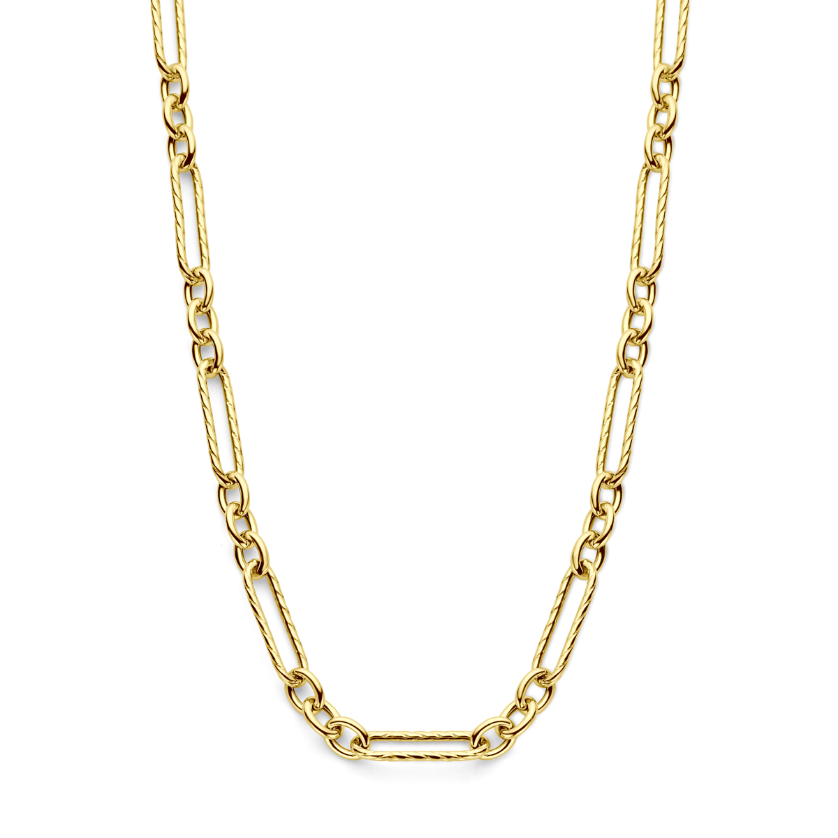 Geelgoud op 925 zilveren collier met een draaglengte van 43cm met 5cm extensie. Het collier heeft een schakelbreedte van 7.5mm en is uitgevoerd met karabijnsluiting. Geen garantie op de plating.