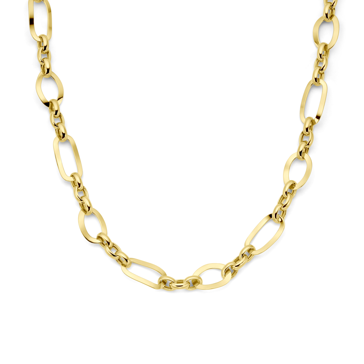 Geelgoud op 925 zilveren anker collier. Het collier heeft een draaglengte van 46cm. De schakelbreedte is 11.5mm. Uitgevoerd met een karabijn sluiting. Geen garantie op de plating.