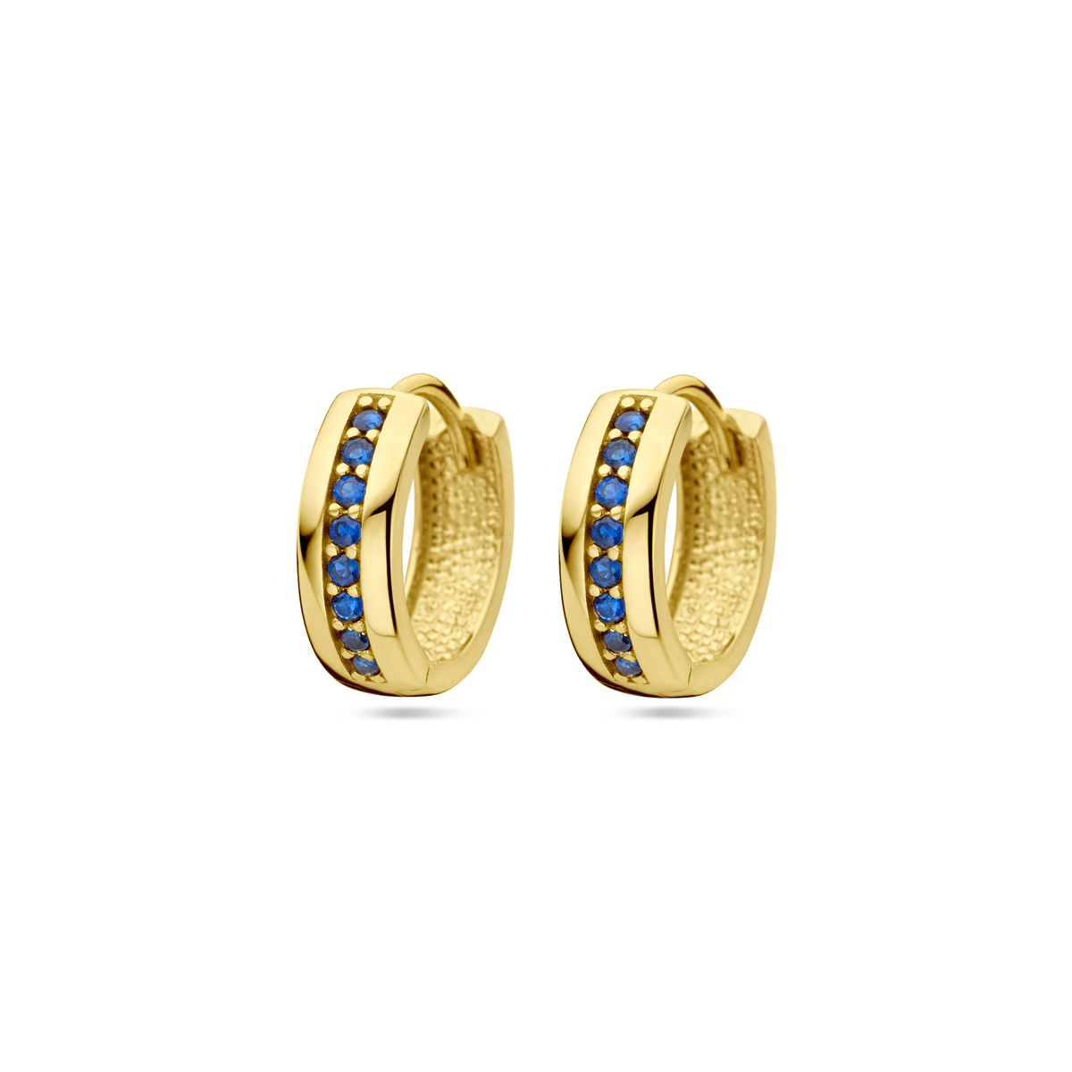 14k Geelgouden klapoorringen uitgevoerd met blauw zirkonia. De klapoorringen hebben een afmeting van 12x4mm.