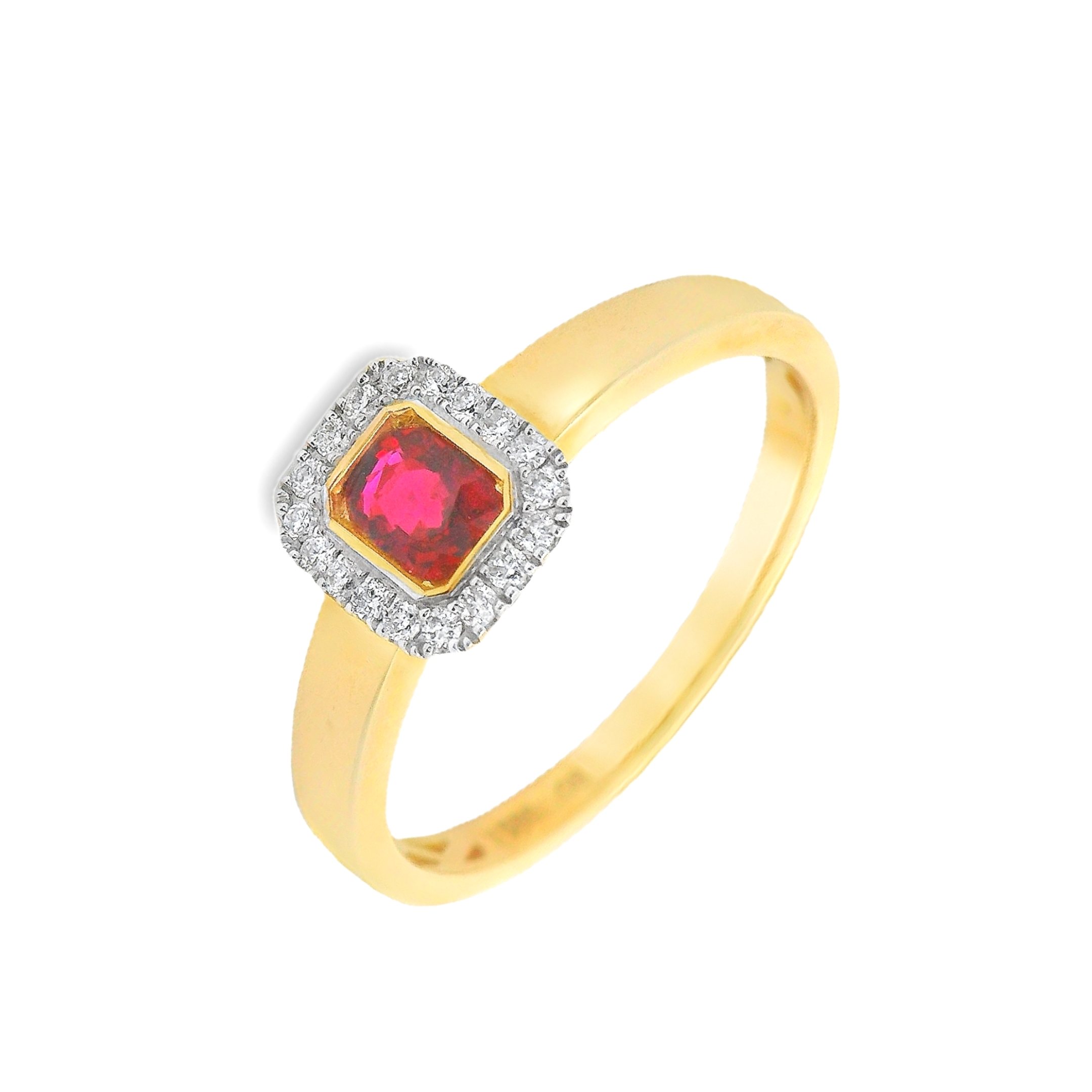 Deze ring van Louis Bros is vervaardigd uit 14 karaat geelgoud (2.36 gr.) en is gezet met 18 briljant geslepen diamanten met een totaalgewicht van 0.08ct en 1 robijn 0.24ct. De ring heeft een diameter van 7x6 mm, minimale breedte van 2 mm. 
Deze prachtige ring straalt luxe en elegantie uit, met een schitterende robijn als middelpunt, omringd door een fonkelende rand van diamanten. Het warme geelgoud vormt een perfecte achtergrond voor de diepe, rijke kleur van de robijn, terwijl de diamanten een stralende glans toevoegen die het geheel tot leven brengt. Dit verfijnde ontwerp maakt de ring een echte eyecatcher, geschikt voor zowel bijzondere gelegenheden als dagelijks gebruik. Een tijdloos sieraad dat ongetwijfeld bewondering zal oogsten en een waardevolle toevoeging is aan elke sieradencollectie.
De ring is verkrijgbaar in meerdere afmetingen.