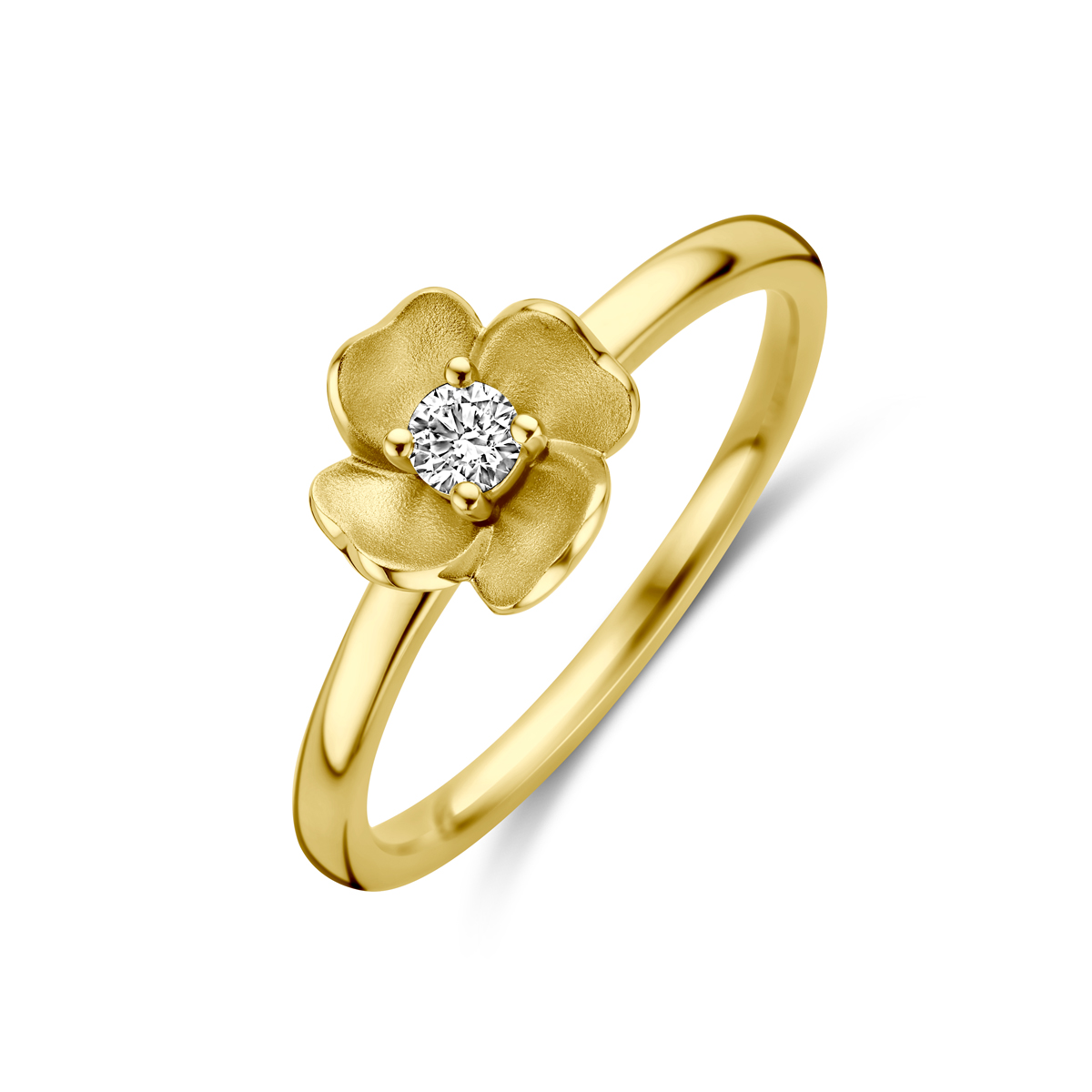 14k Geelgouden ring uitgevoerd met een bloem een diamant. De ring heeft een breedte van 8.5mm en het diamantgewicht is 0.10ct.