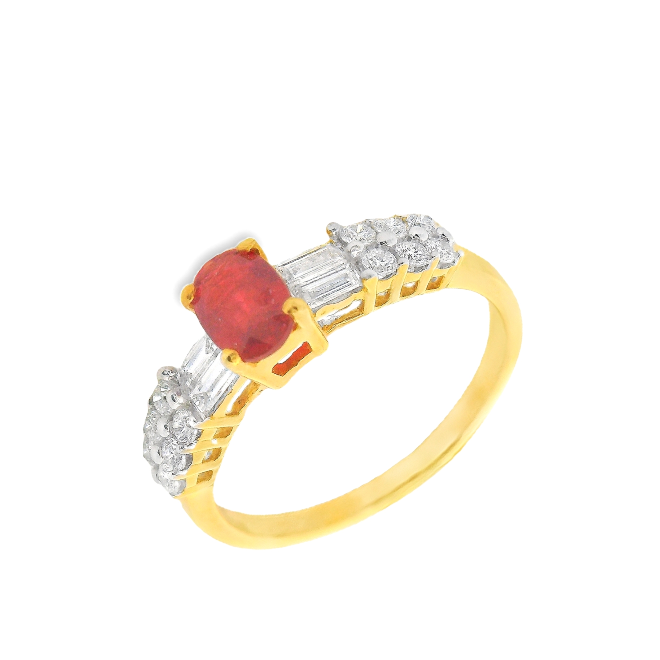 Deze ring van Louis Bros is vervaardigd uit 18 karaat geelgoud (2.75 gr.) en is gezet met 4 baguette geslepen diamanten met een totaalgewicht van 0.40ct en 12 briljant geslepen diamanten met een totaalgewicht van 0.08ct. En 1 robijn 0.60ct. De ring heeft een diameter van 5 mm, minimale breedte van 3 mm. 
 Deze ring combineert de rijke kleur van een robijn met de schittering van diamanten. Het warme geelgoud benadrukt de diepe, rode tint van de robijn, terwijl de diamanten een sprankelend contrast toevoegen. Dit elegante ontwerp straalt luxe en verfijning uit, waardoor de ring perfect is voor zowel speciale gelegenheden als dagelijks gebruik. Een tijdloos en prachtig sieraad dat een bijzondere aanvulling vormt op elke sieradencollectie.
De ring is verkrijgbaar in meerdere afmetingen.