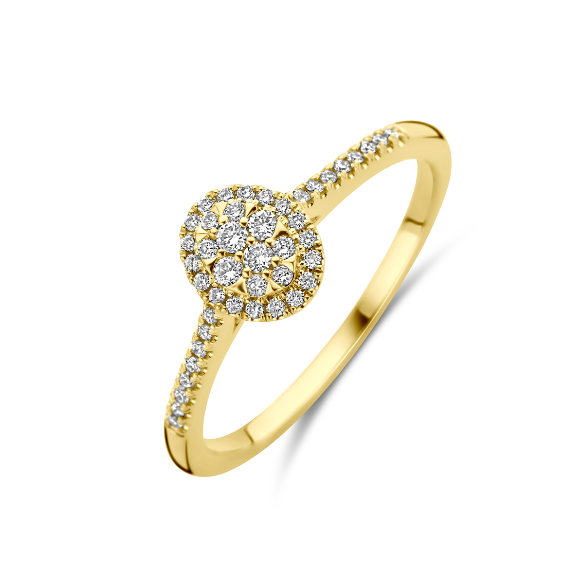 14k Geelgouden ring uitgevoerd met diamant. De ring heeft een afmeting van 7.5x6mm. Het totale diamantgewicht is 0.18ct.