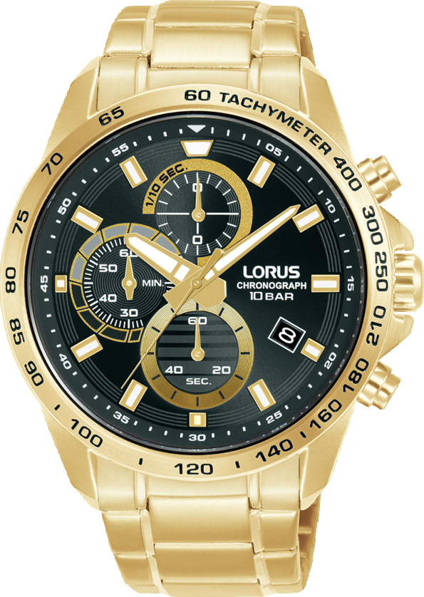 Dit is een herenhorloge van het merk Lorus. Het is een chronograaf horloge gemaakt van staal. De diameter van de kast is 43 mm.
De verdere specificaties van het horloge zijn als volgt:
Kastvorm: rond
Kastkleur: goudkleurig
Kastmateriaal: staal
Sluiting: vouwsluiting met drukker
Wijzerplaatkleur: zwart
Glassoort: hardlex mineraal glas
Waterdichtheid: 10 ATM
Techniek: quartz