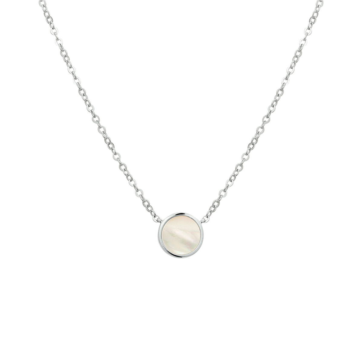 Trendy gerhodineerd 925 zilveren 1.7mm brede anker collier met een lengte van 42cm plus een extensie van 3cm uitgevoerd met parelmoer in een zetkast van 9.5mm. Het collier is te combineren met bijpassende sieraden uit onze collectie.