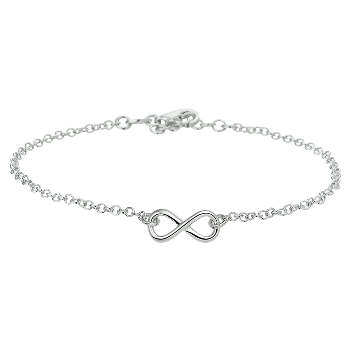 Beschrijving: Trendy gerhodineerd zilveren enkelbandje met een infinity symbool uitgevoerd met een stevige karabijn sluiting. Infinity symboliseert de eeuwige gebondenheid. Dit fijne enkelbandje is goed te combineren met bijpassende sieraden uit onze collectie. De lengte bedraagt 24cm met een extensie van 2cm en de schakelbreedte is 2.1mm. 
Doelgroep: dames
Breedte: 15.5 mm
Kortste lengte: 24 mm
Langste lengte: 26 mm
Hoogte: 7 mm