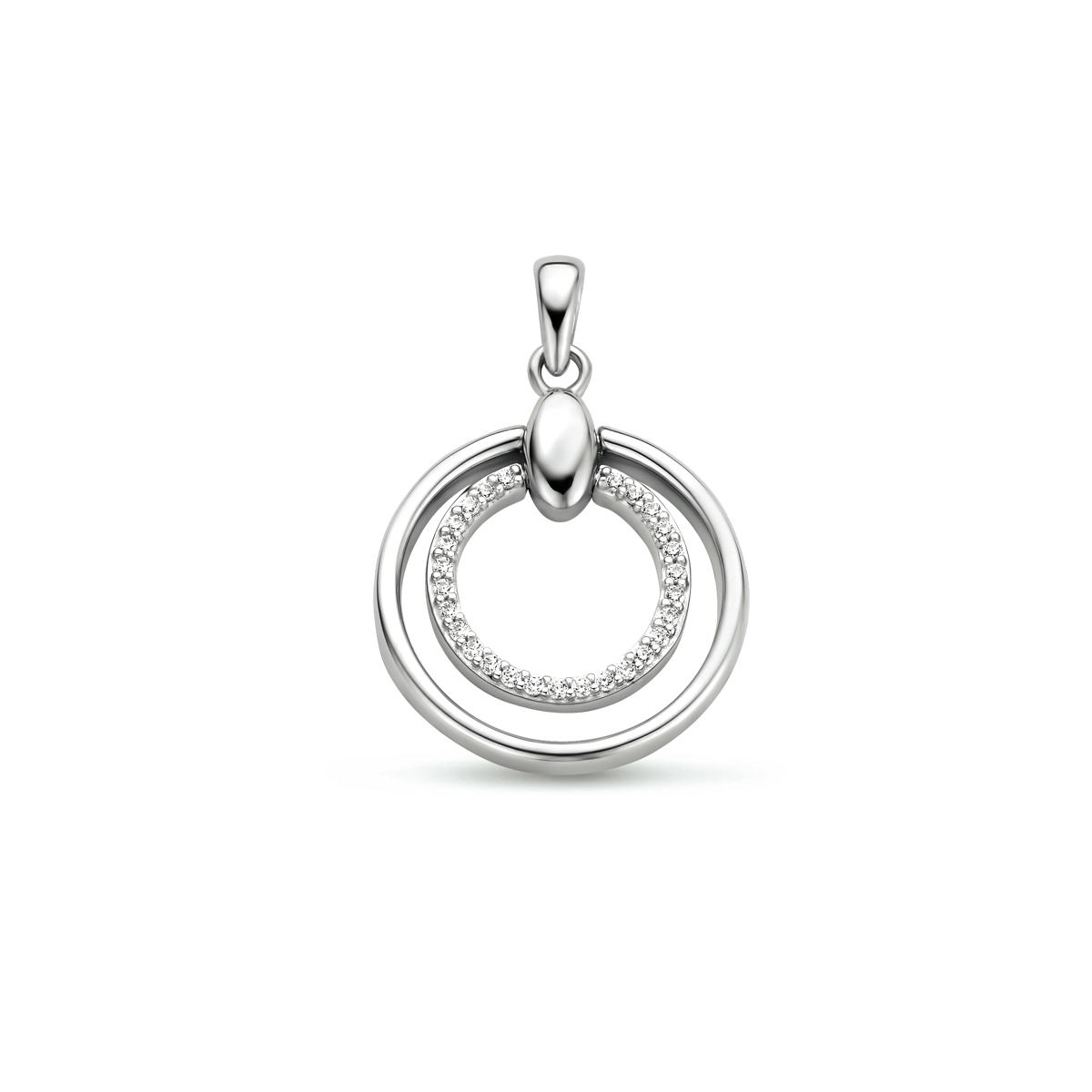 Gerhodineerd 925 zilveren hanger uitgevoerd met een schitterende zirkonia rij. De hanger heeft een totale hoogte van 2.6cm en een diameter van 18.3mm.