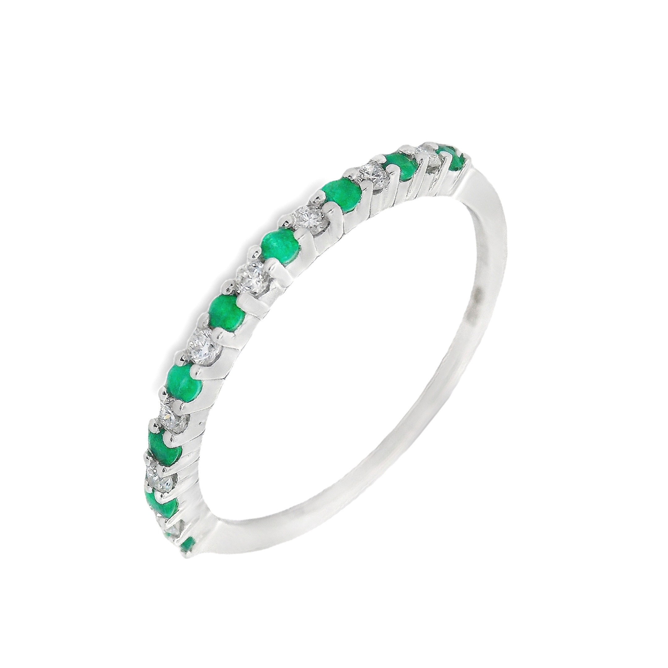 Deze ring van Louis Bros is vervaardigd uit 14 karaat witgoud (1.36 gr.) en is gezet met 9 smaragd 0.15ct en 8 briljant geslepen diamanten met een totaalgewicht 0.13ct . 
 Deze ring met smaragd en diamant is een symbool van verfijning en tijdloze elegantie. De ring, vervaardigd uit hoogwaardig witgoud, straalt een moderne en luxueuze sfeer uit. Centraal in het ontwerp schittert een prachtige smaragd, die met zijn diepe groene kleur een gevoel van natuur en vitaliteit oproept. De smaragd wordt omringd door fonkelende diamanten, die het geheel een extra vleugje glamour en schittering geven. Deze combinatie van smaragd en diamant maakt de ring een perfecte keuze voor bijzondere gelegenheden, zoals een verloving, jubileum of als een speciaal cadeau. Een witgouden ring met smaragd en diamant is een kostbaar en elegant sieraad dat de drager altijd met trots zal dragen.
De ring is verkrijgbaar in meerdere afmetingen.