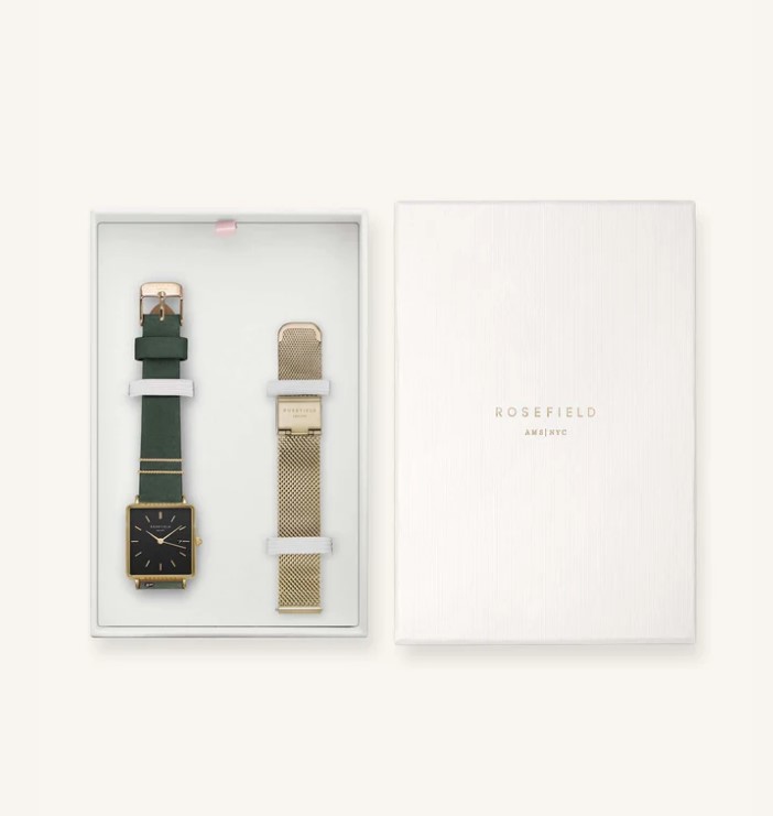 Twee cadeaus zijn beter dan een. Je favoriete Rosefield horloge met een bijpassend bandje. The Boxy Black Forest Green Gold en the Mesh Gold bandje.