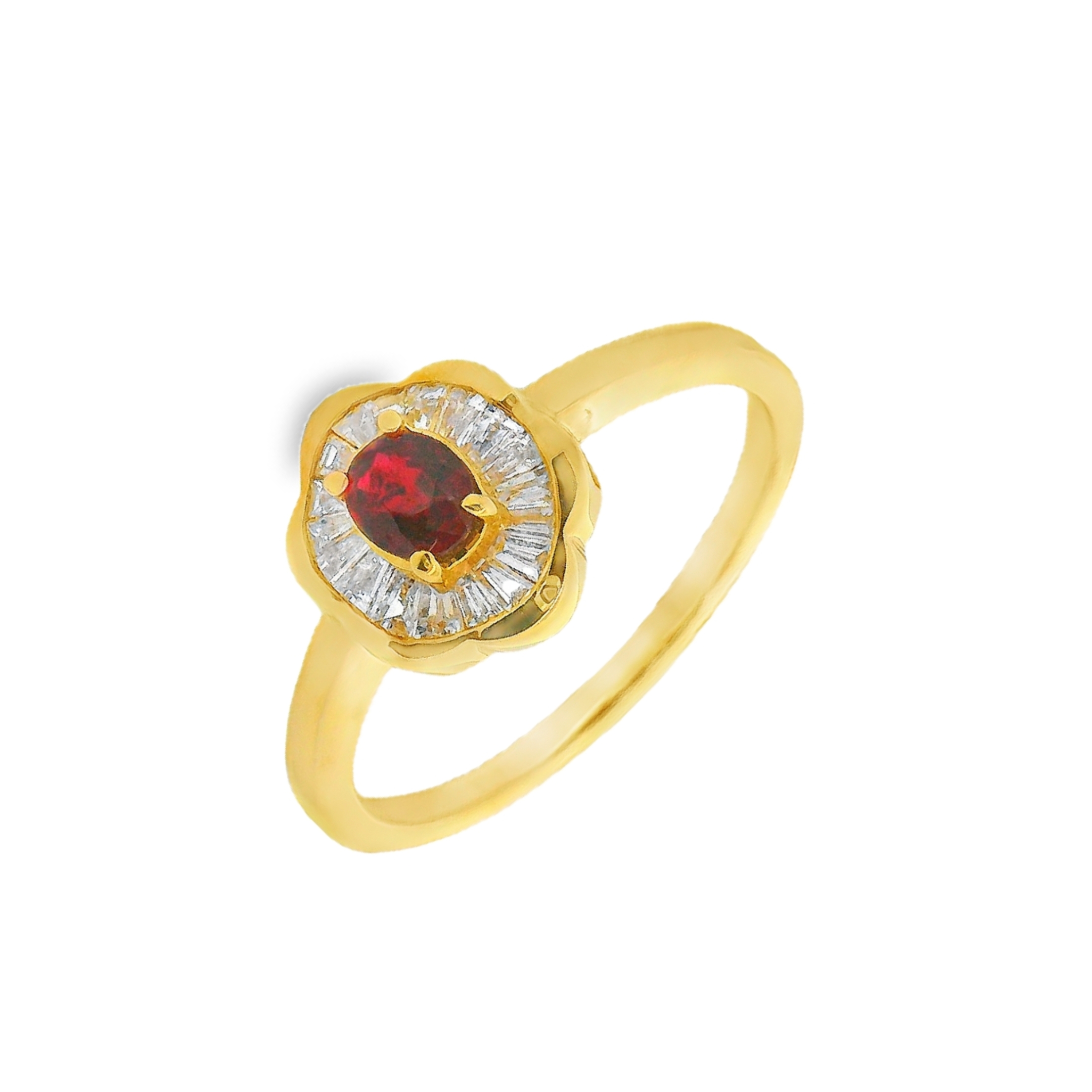 Deze ring van Louis Bros is vervaardigd uit 18 karaat geelgoud (2.71 gr.) en is gezet met 18 baguette geslepen diamanten met een totaalgewicht van 0.20ct, en 1 robijn 0.26ct. De ring heeft een diameter van 9 mm, minimale breedte van 2 mm. 
 Deze ring combineert de rijke kleur van een robijn met de schittering van diamanten. Het warme geelgoud benadrukt de diepe, rode tint van de robijn, terwijl de diamanten een sprankelend contrast toevoegen. Dit elegante ontwerp straalt luxe en verfijning uit, waardoor de ring perfect is voor zowel speciale gelegenheden als dagelijks gebruik. Een tijdloos en prachtig sieraad dat een bijzondere aanvulling vormt op elke sieradencollectie.
De ring is verkrijgbaar in meerdere afmetingen.