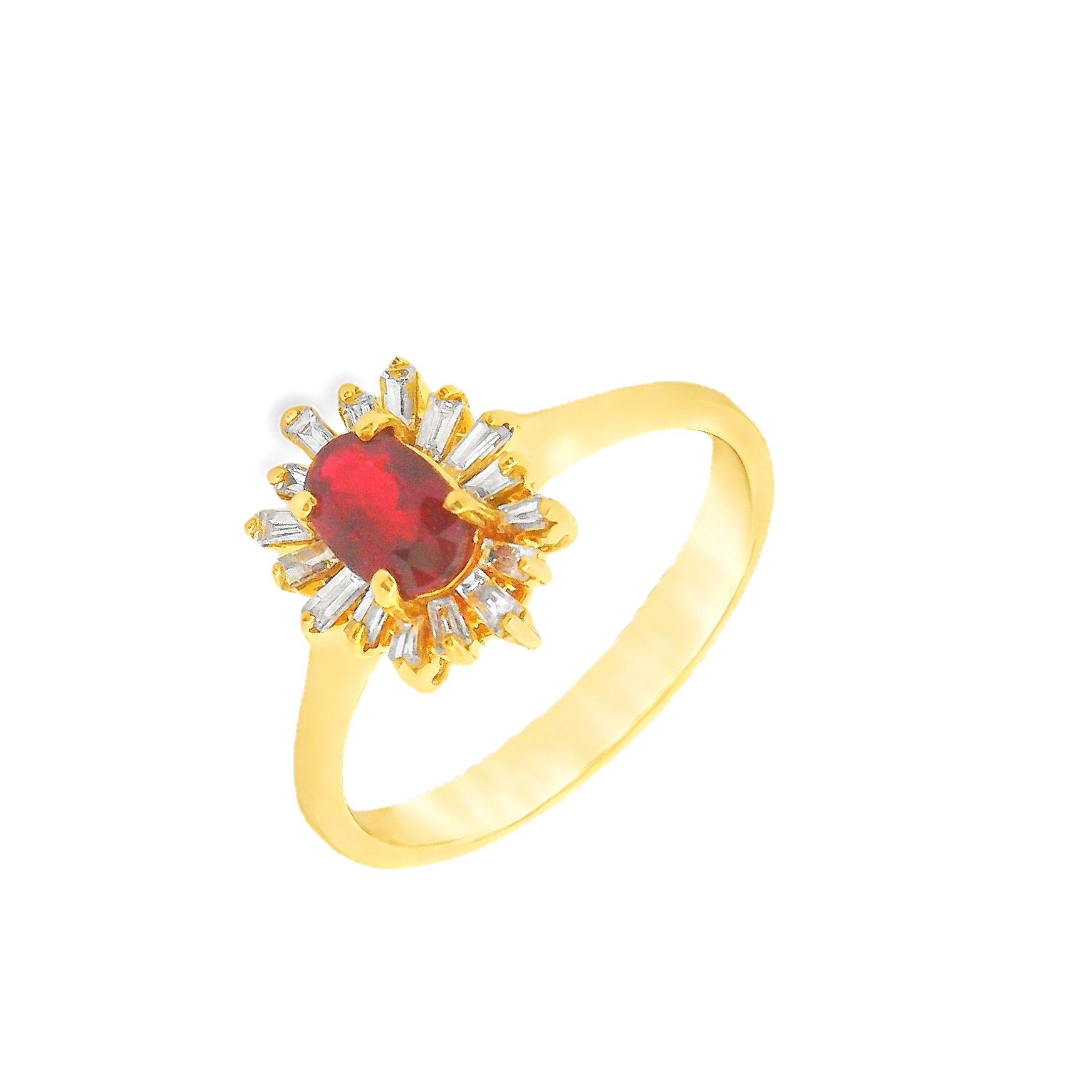 Deze ring van Louis Bros is vervaardigd uit 18 karaat geelgoud (3.44 gr.) en is gezet met 16 baguette geslepen diamanten met een totaalgewicht van 0.28ct, en 1 robijn 0.61ct. De ring heeft een diameter van 9x11 mm, minimale breedte van 2 mm. 
 Deze ring combineert de rijke kleur van een robijn met de schittering van diamanten. Het warme geelgoud benadrukt de diepe, rode tint van de robijn, terwijl de diamanten een sprankelend contrast toevoegen. Dit elegante ontwerp straalt luxe en verfijning uit, waardoor de ring perfect is voor zowel speciale gelegenheden als dagelijks gebruik. Een tijdloos en prachtig sieraad dat een bijzondere aanvulling vormt op elke sieradencollectie.
De ring is verkrijgbaar in meerdere afmetingen.