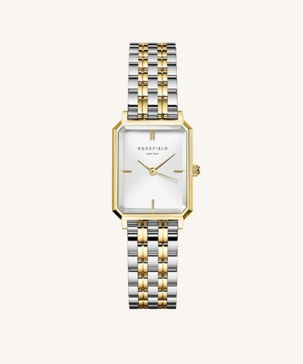 De Octagon XS past perfect om de smallere pols. Het 24mm achthoekige horloge heeft een moderne uitstraling, met klassieke details zoals 3D-facet glas en een elegante 5-link horlogeband van verguld roestvrij staal.