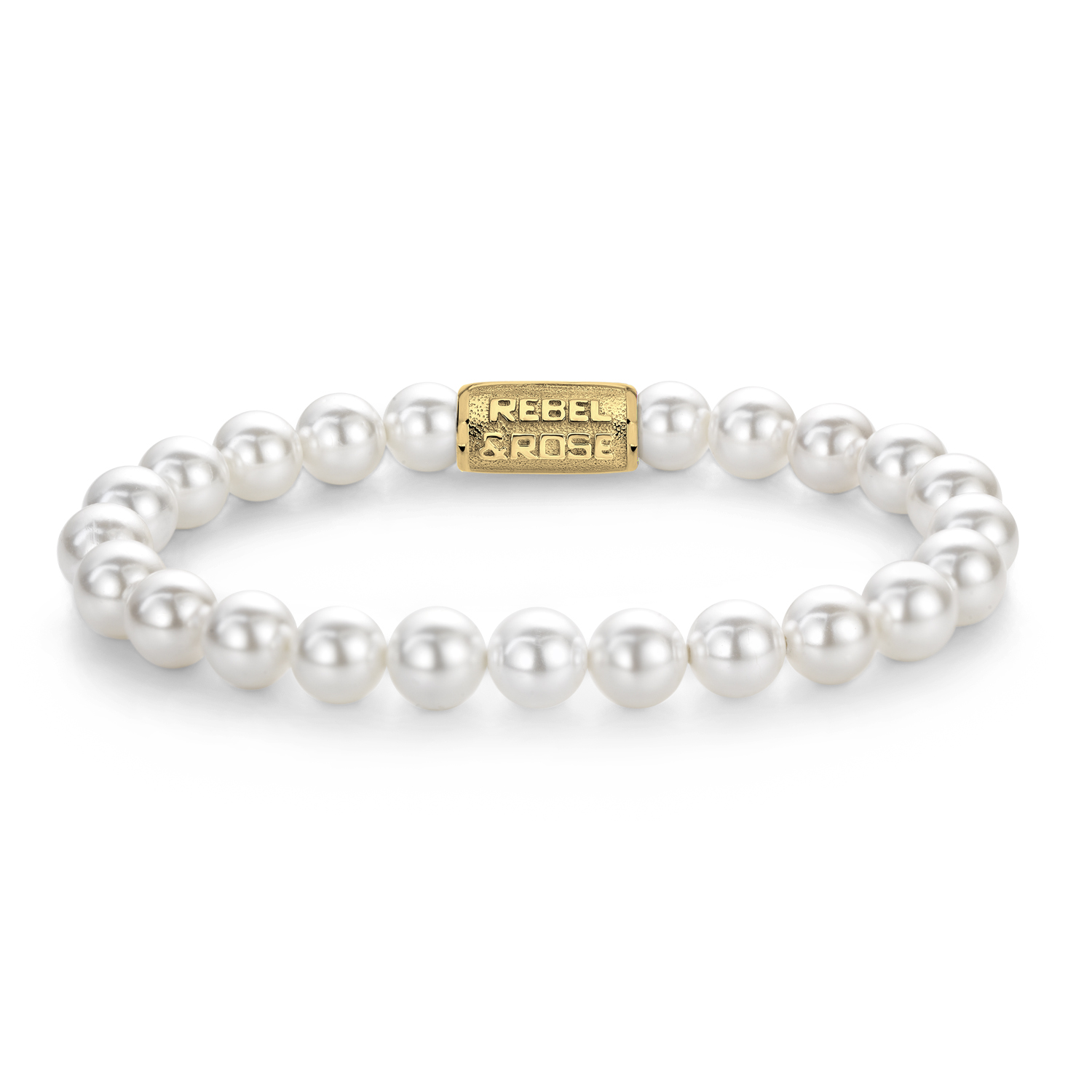 Armband gemaakt van 8mm parels (shell pearls). Shell pearls bestaan uit het parelmoer van de binnenkant van de oester. De sluiting is gemaakt van 18 karaat goud ion-plated edelstaal.