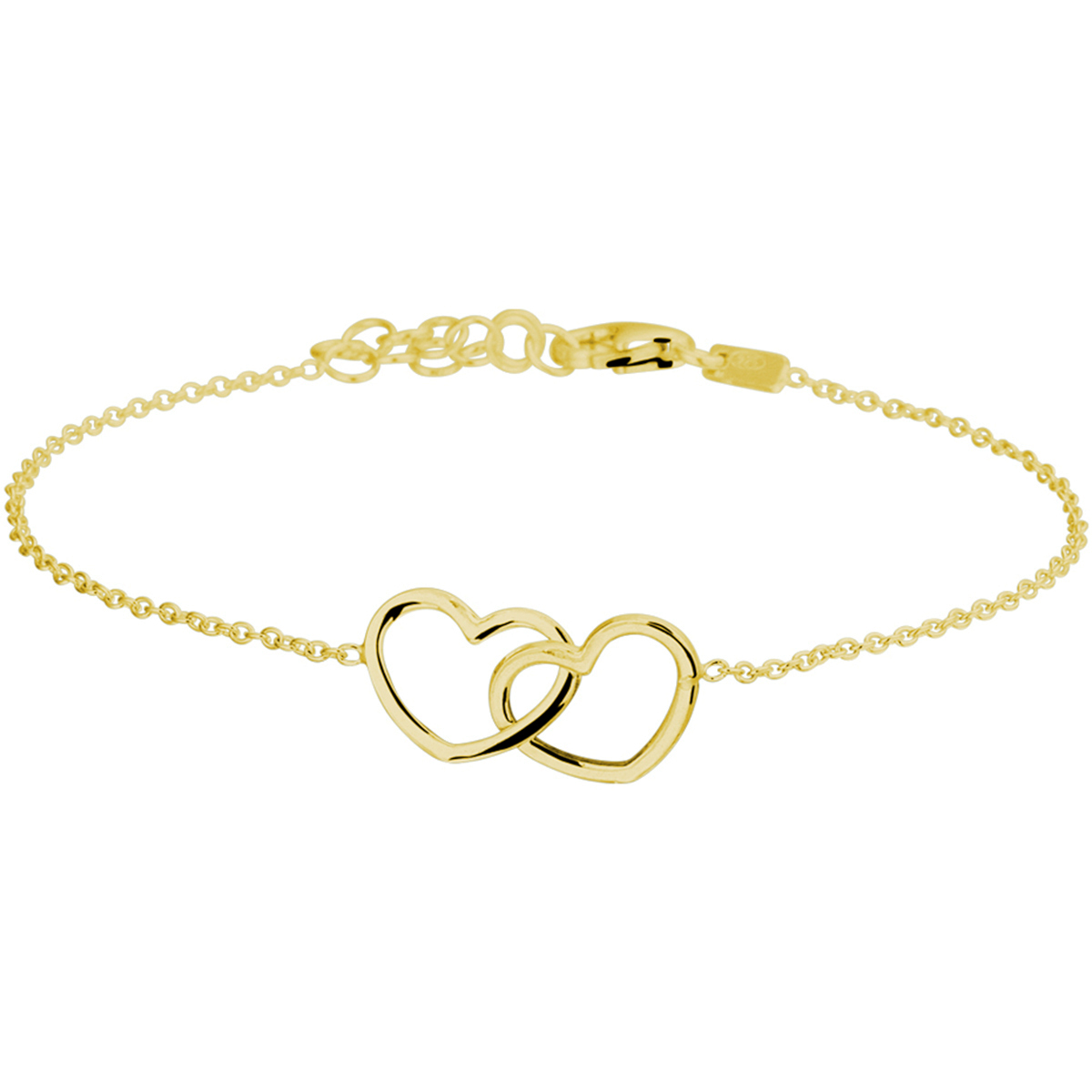 Geelgoud op 925 zilveren armband uitgevoerd met twee hartjes. De armband heeft een draaglengte van 16cm met een extensie van 3cm en een stevige karabijn sluiting. De hartjes hebben een afmeting van 9x12mm. De schakelbreedte is 1.2mm. Geen garantie op plating.