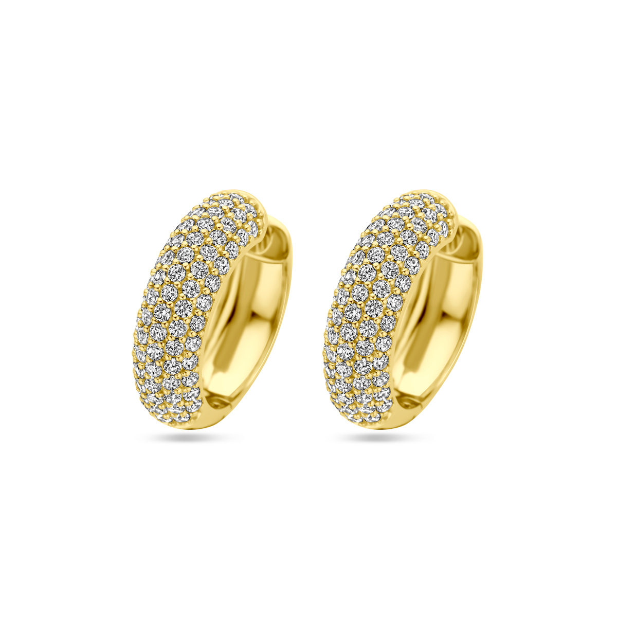 Geelgoud op 925 zilveren klapoorringen uitgevoerd met zirkonia. De klapoorringen hebben een afmeting van 21x6mm. Geen garantie op de plating.