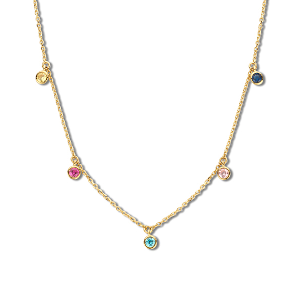14k Geelgouden collier met gekleurde zirkonia stenen. Het collier heeft een draaglengte van 44cm.