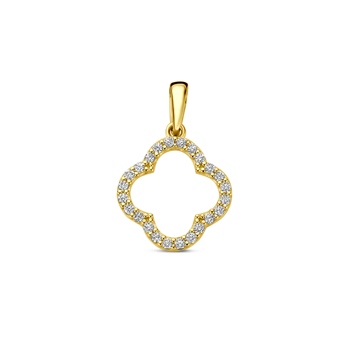 14k Geelgouden hanger in de vorm van een klavertje uitgevoerd met zirkonia.