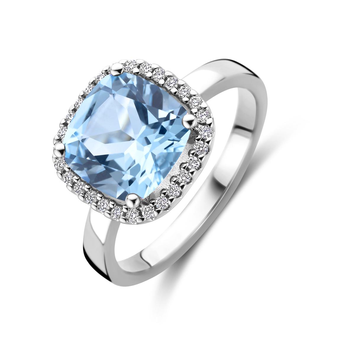 Deze prachtige witgouden ring is versierd met een fonkelende sky blue topaas steen en 0.14ct diamanten van hoge kwaliteit. De ring straalt elegantie en stijl uit en is perfect voor dagelijks gebruik of speciale gelegenheden. De beste manier om deze ring te dragen is op zichzelf of gecombineerd met andere witgouden sieraden voor een extra glamoureuze uitstraling. Voeg deze unieke ring toe aan je collectie voor een vleugje luxe.