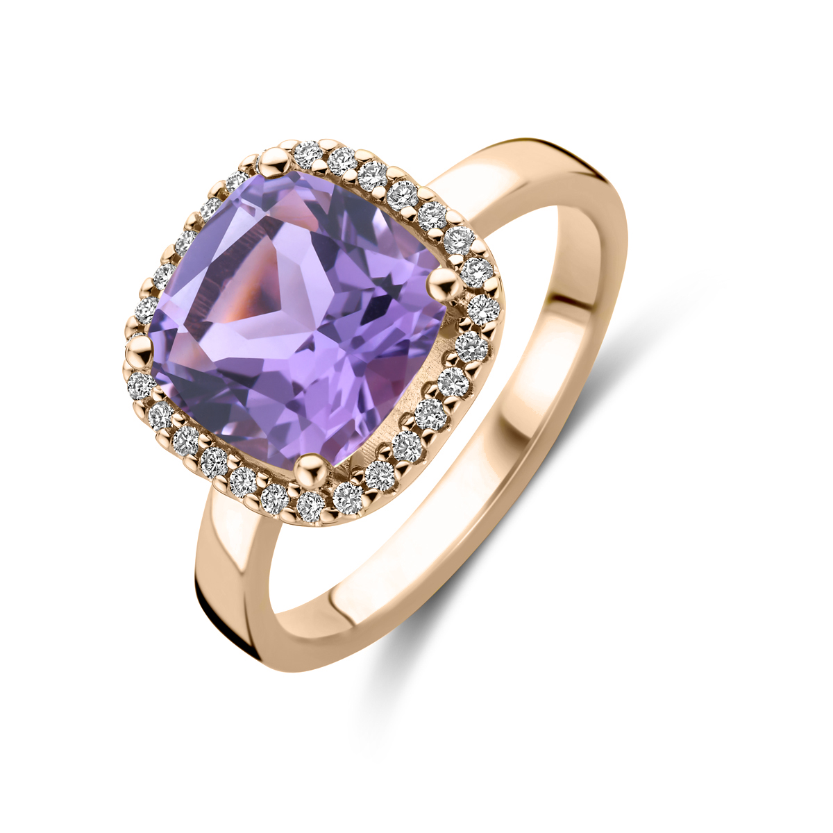 Deze prachtige rosegouden ring is versierd met een schitterende amethist en 0.14 karaat diamanten van hoge kwaliteit (SI). De ring is subtiel en elegant, perfect voor dagelijks gebruik of een speciale gelegenheid. Combineer deze ring met andere rosegouden sieraden voor een complete en stijlvolle look. Een tijdloos accessoire dat elke outfit compleet maakt. Bestel nu en straal!