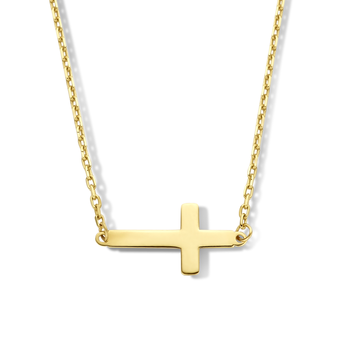 14k Geelgouden collier uitgevoerd met een kruis. Het kruis heeft een afmeting van 13x7mm. Het collier heeft een schakelbreedte van 1mm.