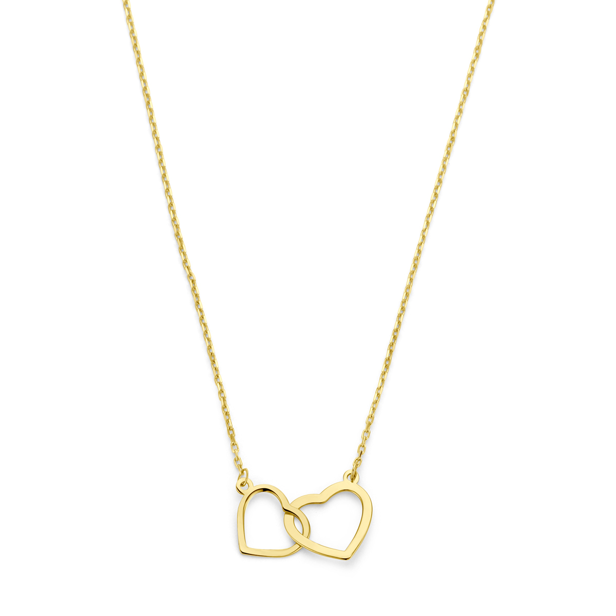 14k Geelgouden collier uitgevoerd met twee hartjes, Het collier heeft een draaglengte van 45cm en een schakelbreedte van 0.8mm.