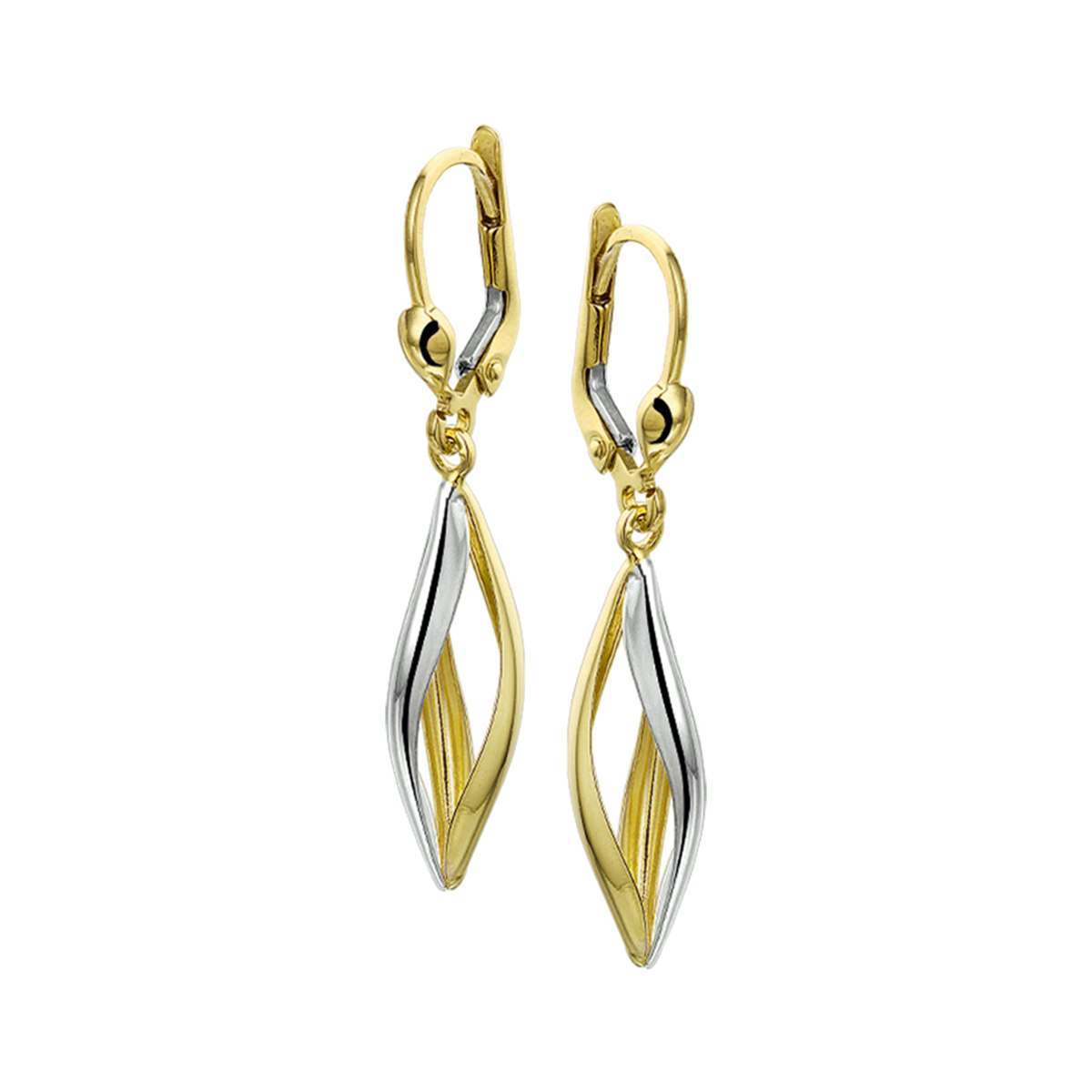 Bicolor wit- en geelgouden oorhangers. 
Breedte: 7 mm
Hoogte: 40 mm