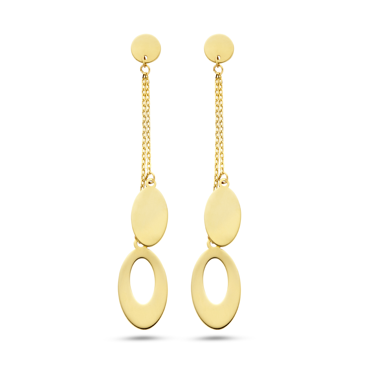 14k Geelgouden oorhangers uitgevoerd met ovaalvormige elementen. De oorhangers hebben een totale hoogte van 48mm.