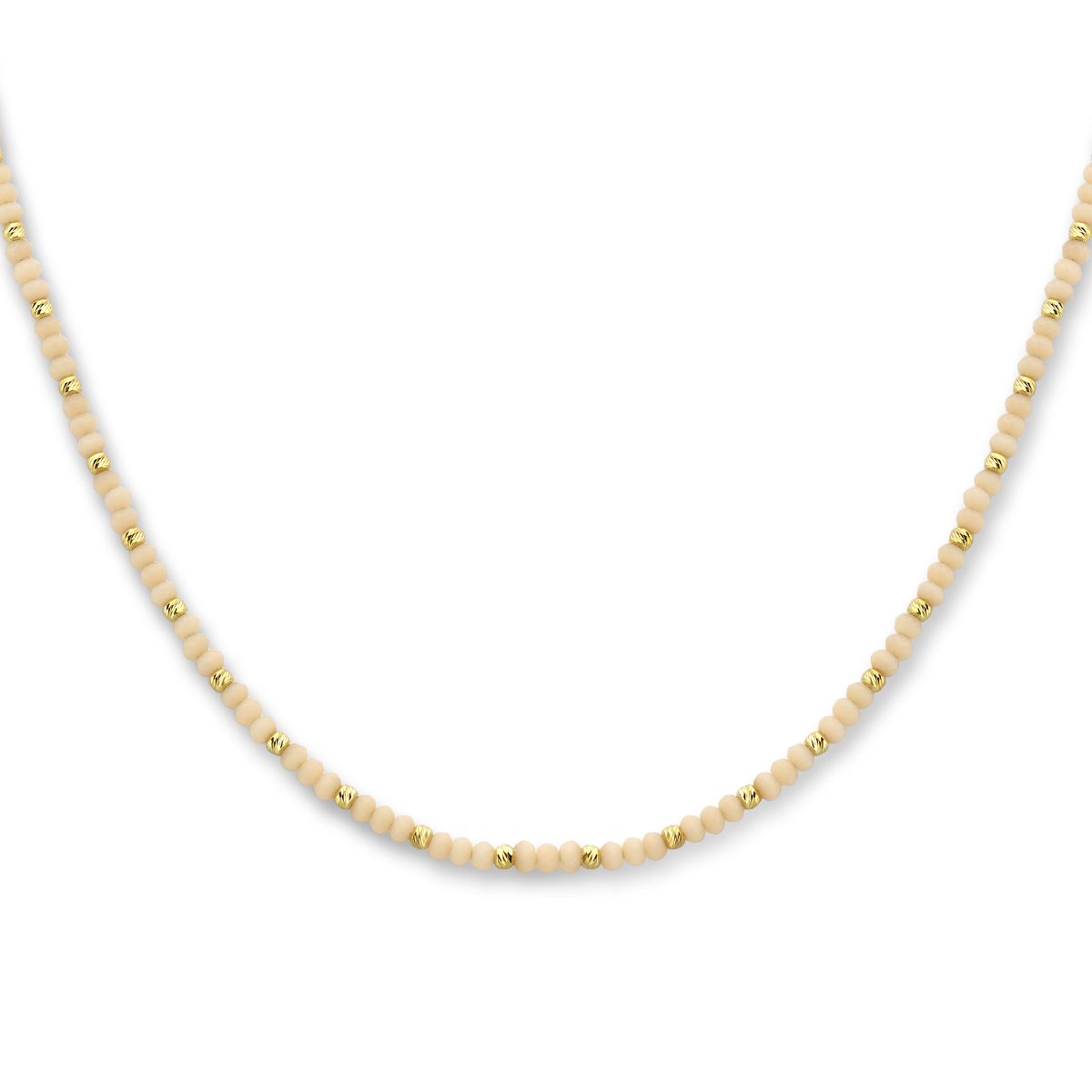 Zilver verguld collier uitgevoerd met gediamanteerde bolletjes van zalmroze glas en een karabijn sluiting. Het collier heeft een draaglengte van 41cm en een extensie van 4cm. Geen garantie op plating.