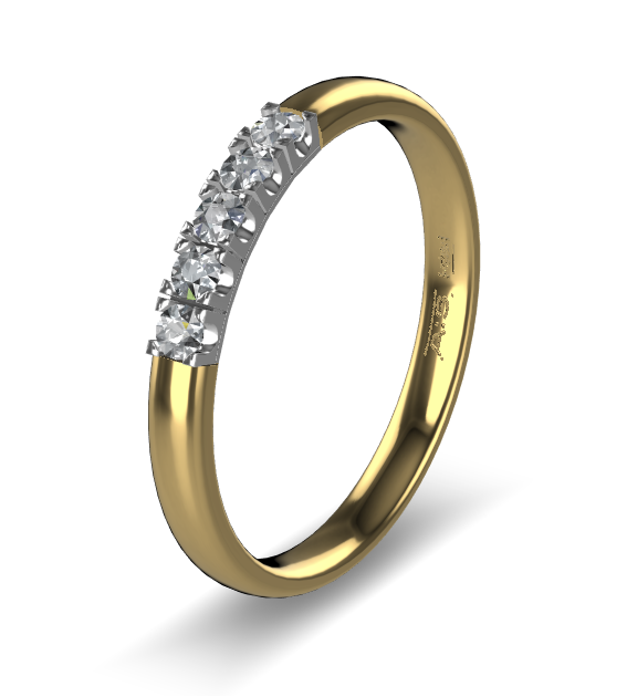 14 Karaat geel gouden Memoire ring met witgouden zetting model A.S. 11133. Met 5x 0.03 crt briljant G/VVS op maat 52.