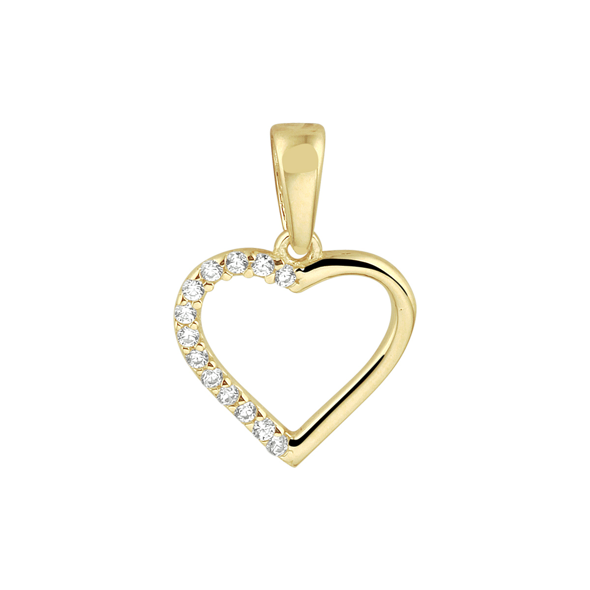14k Geelgouden hanger in de vorm van een hart uitgevoerd met een schitterende zirkonia rij. De hanger heeft een totale hoogte van 1.7cm en een breedte van 11.5mm.