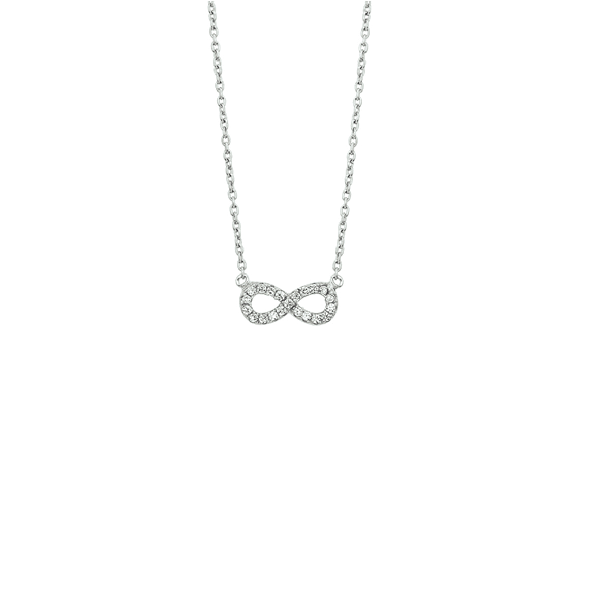 Beschrijving: Gerhodineerd zilveren collier met infinity teken en zirkonia. De lengte van het collier bedraagt 41cm met 4cm extensie. De schakelbreedte bedraagt 1.1mm. 
Doelgroep: dames
Breedte: 6.5 mm
Kortste lengte: 41 cm
Langste lengte: 45 cm
Hoogte: 13.5 mm