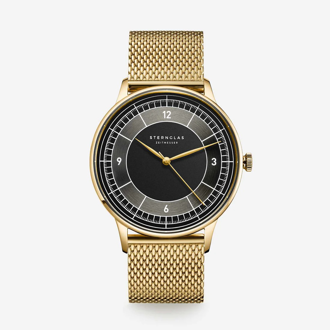 STERNGLAS horloge Sedius, Milanese band goudkleurig, Antraciet plaat met chemin de fer, Saffierglas
