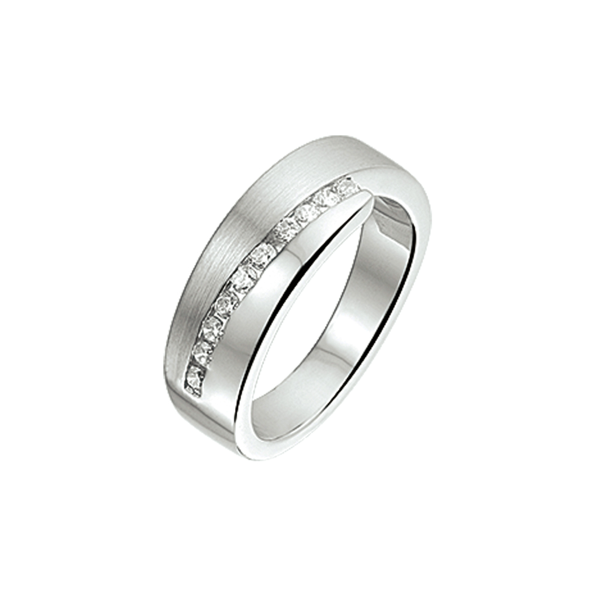 Beschrijving: Gerhodineerd zilveren ring met zirkonia en een poli/matte afwerking. 
Uniekenummer serie: 26193
Verpakt per: 1
Doelgroep: dames
Ringmaat: 18.00 mm (57)
Breedte: 6.5 mm
Zetting: entourage (rail zetting)