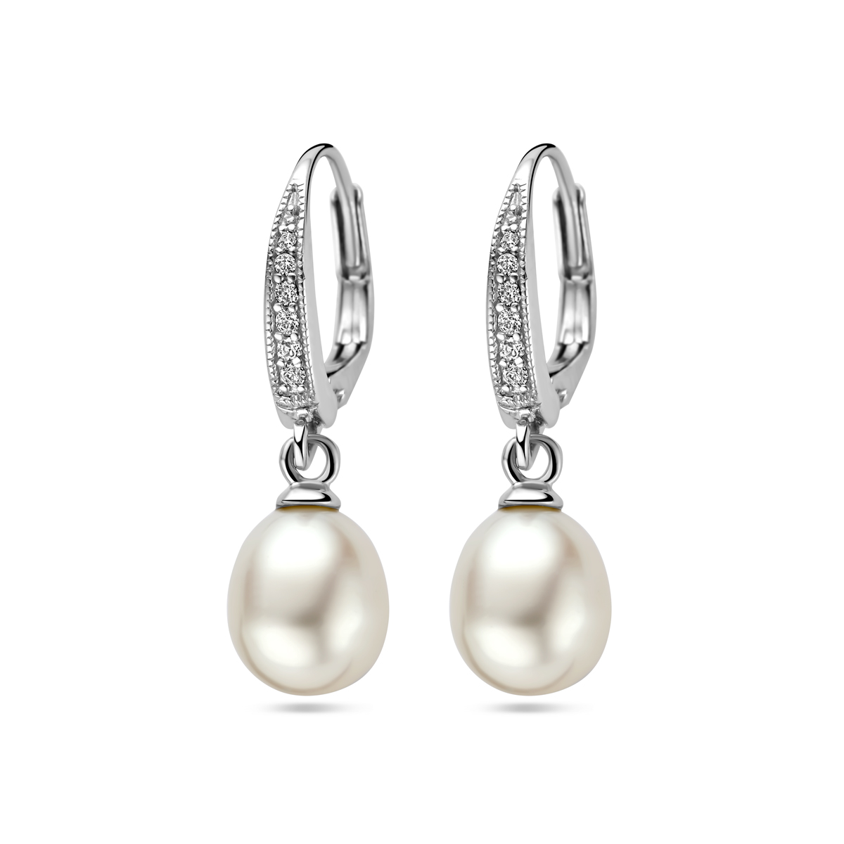 Beschrijving: Gerhodineerd zilveren oorhangers met zirkonia en zoetwaterparel. 
Verpakt per: 1
Doelgroep: dames
Breedte: 8.5 mm
Hoogte: 29 mm
