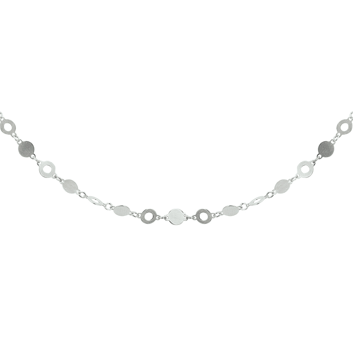 De collier is gemaakt van gerhodineerd zilver en is zilverkleurig. Het is een sieraad voor dames.