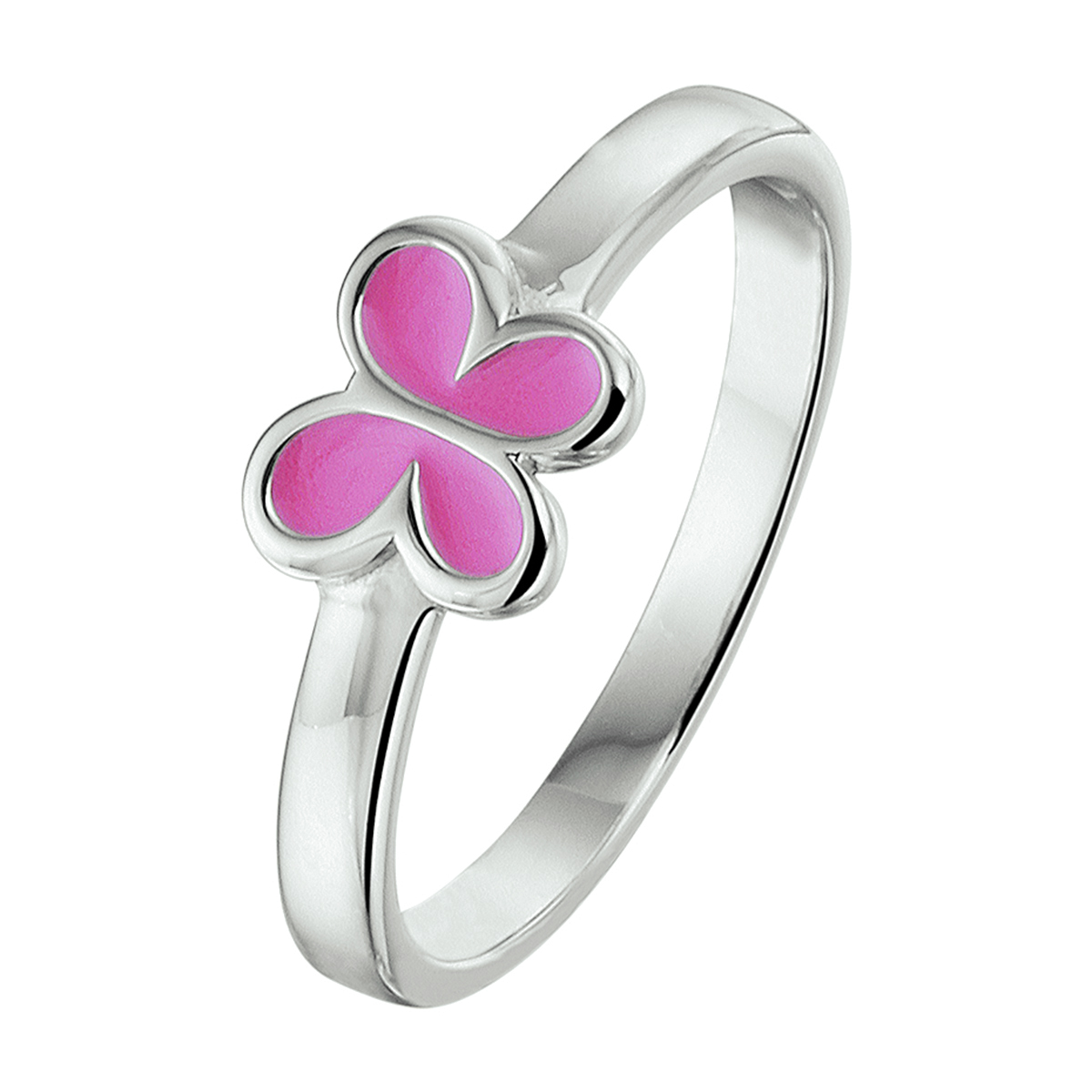 Beschrijving: Schattige gerhodineerd zilveren ring in de vorm van een vlinder uitgevoerd met roze emaille. Info: Gerhodineerd zilver is door de rhodiumlaag beter bestand tegen verkleuren en krassen.