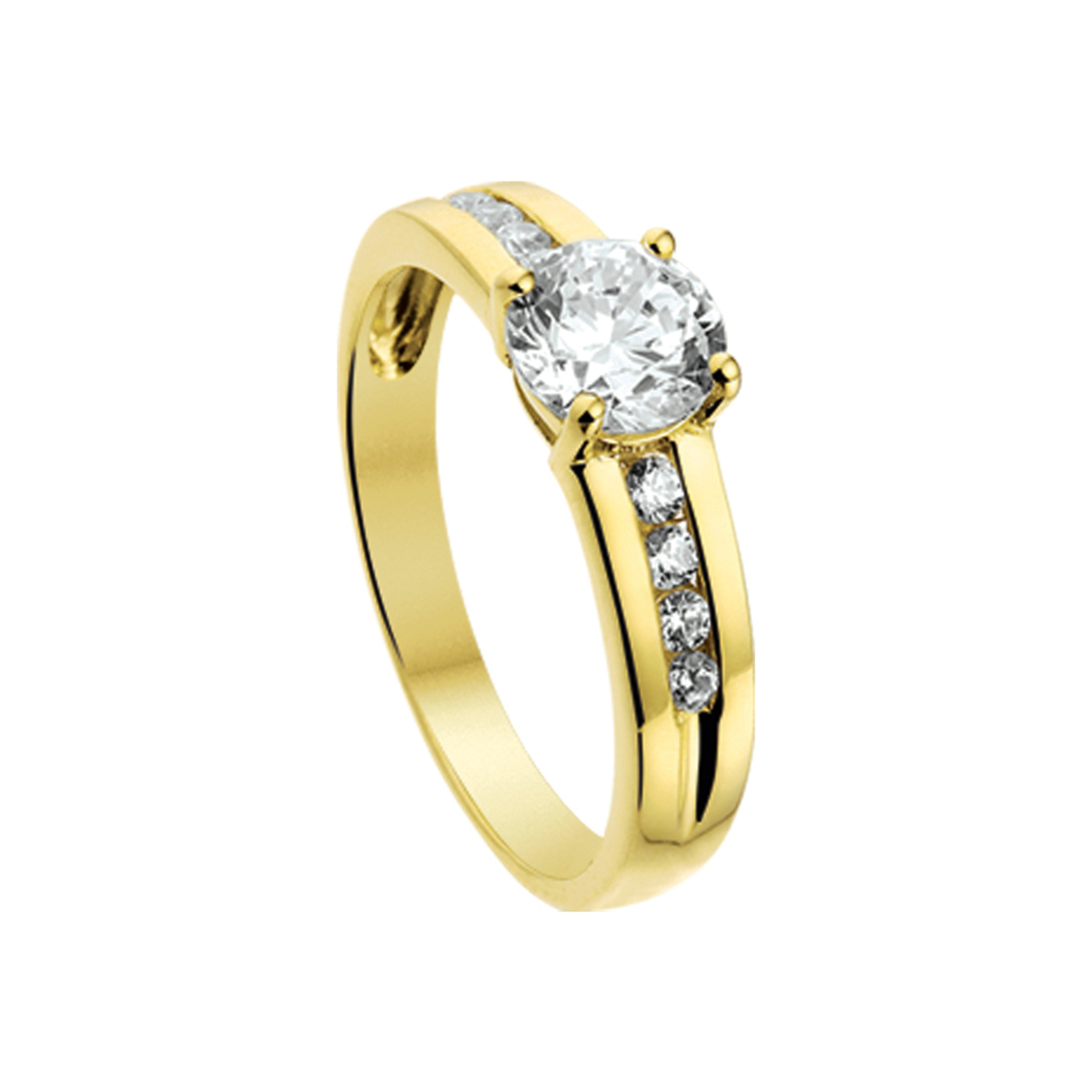 Beschrijving: Geelgouden ring met zirkonia. 
Uniekenummer serie: 26686
Verpakt per: 1
Doelgroep: dames
Ringmaat: 19.00 mm (60)
Breedte: 6.5 mm
Zetting: entourage (rijzetting)