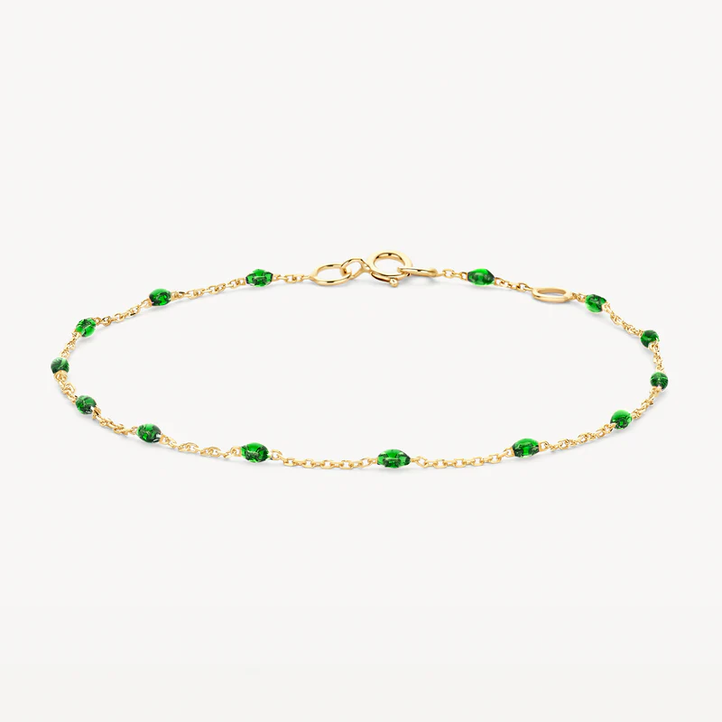 Geel gouden fantasie armband met groene stenen