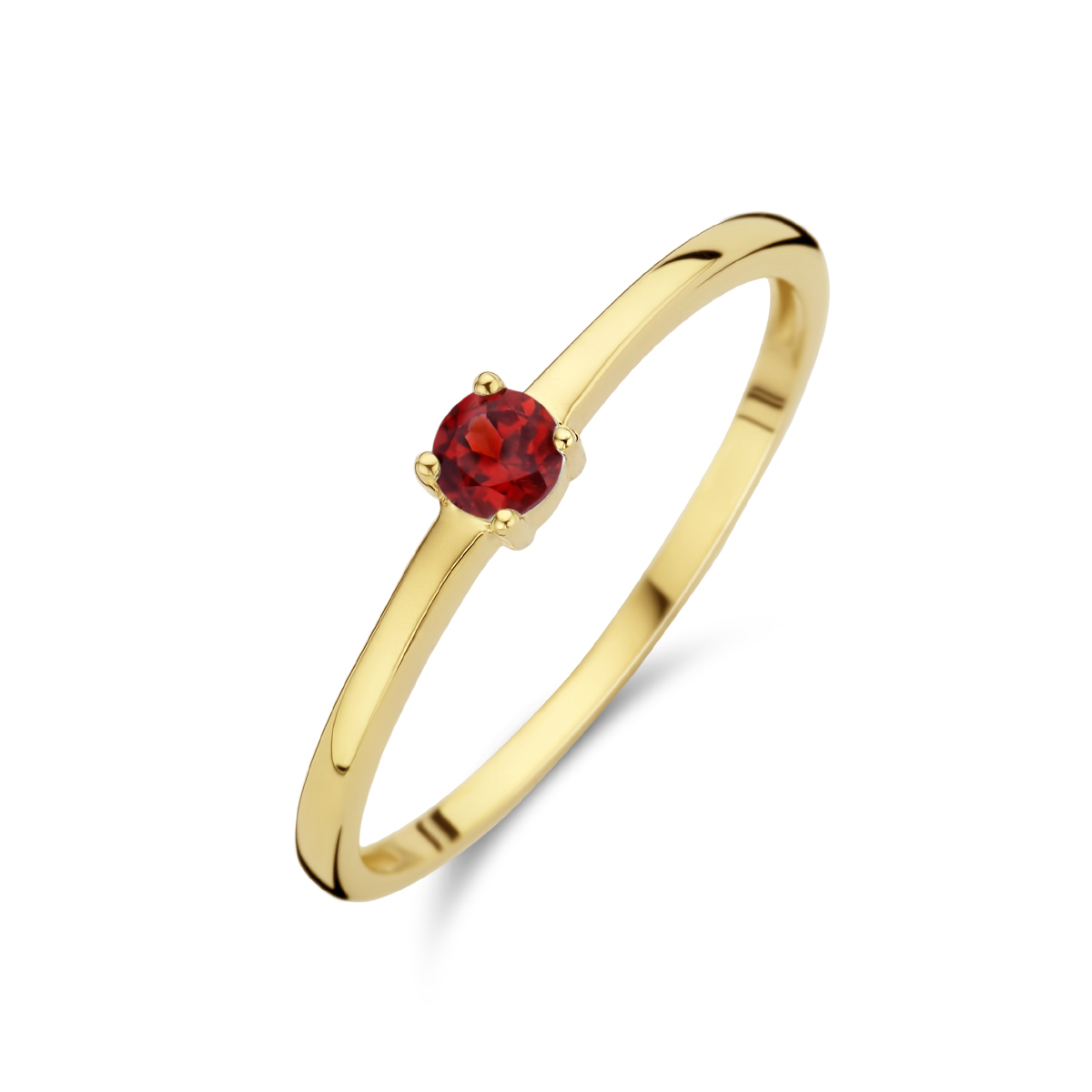 14k Geelgouden ring uitgevoerd met een schitterende granaat. De ring heeft een breedte van 3mm. De granaat heeft een steengewicht van 0.12ct.