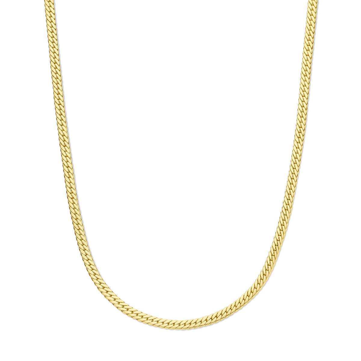 14k Geelgouden collier met een gourmette schakel van 4.5mm. Het collier heeft een draaglengte van 45cm en is uitgevoerd met karabijnsluiting.