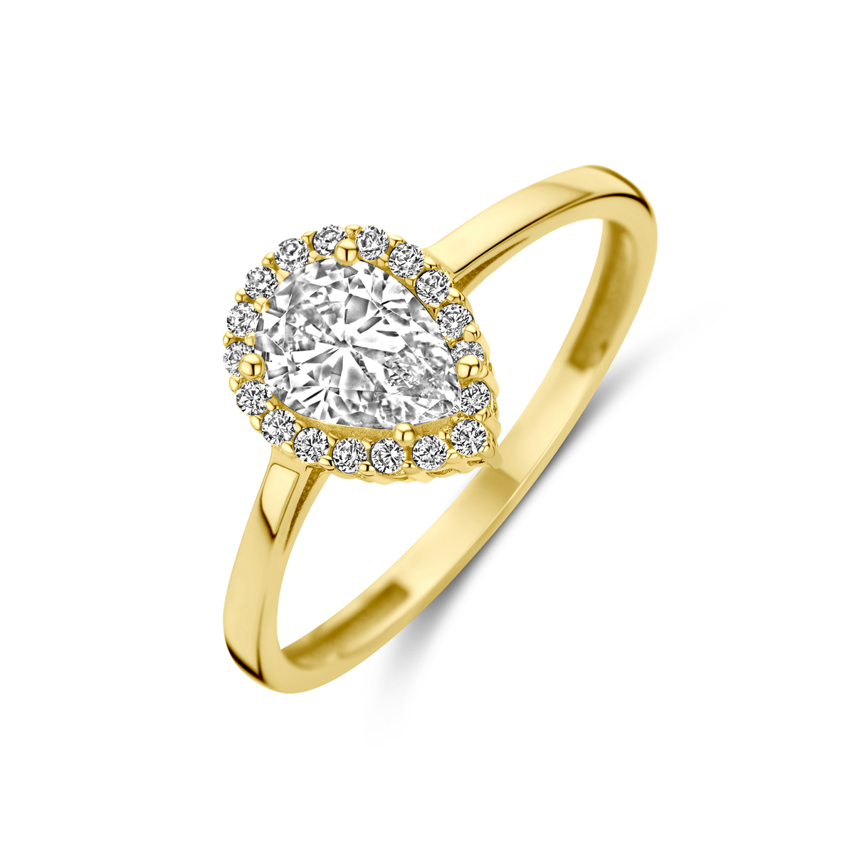 14k Geelgouden ring uitgevoerd met zirkonia. De ring heeft een afmeting van 9.5x7.5mm.