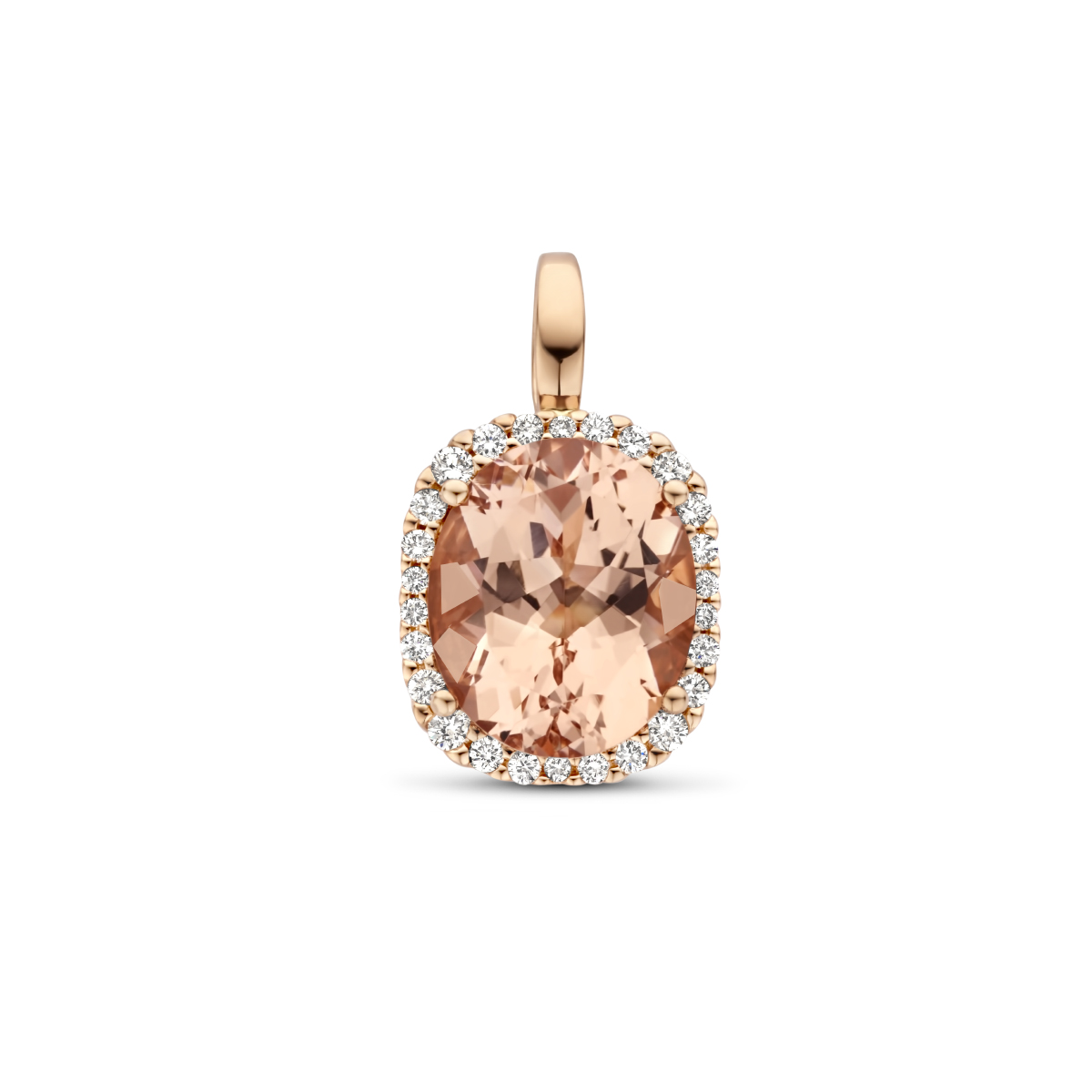 14k Rosegouden hanger uitgevoerd met een diamant rij en een schiterende morganiet steen van 12x10mm.