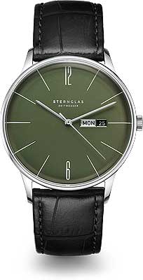 STERNGLAS horloge Berlin, leren band zwart, Groene plaat, Saffierglas