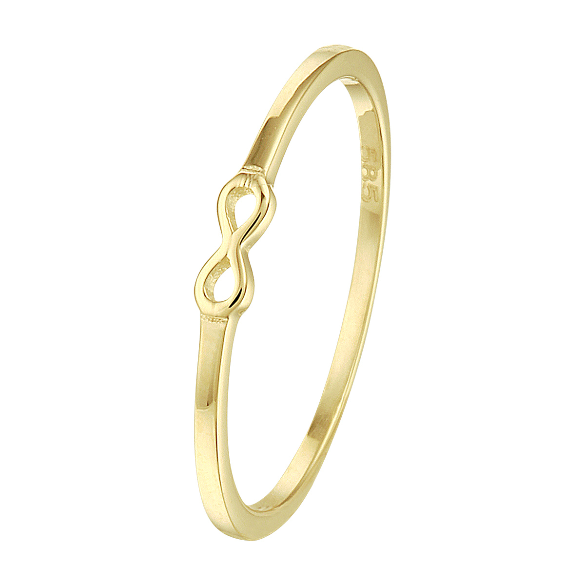 14k Geelgouden ring uitgevoerd met een infinity teken. De ring heeft een breedte van 2.5mm.