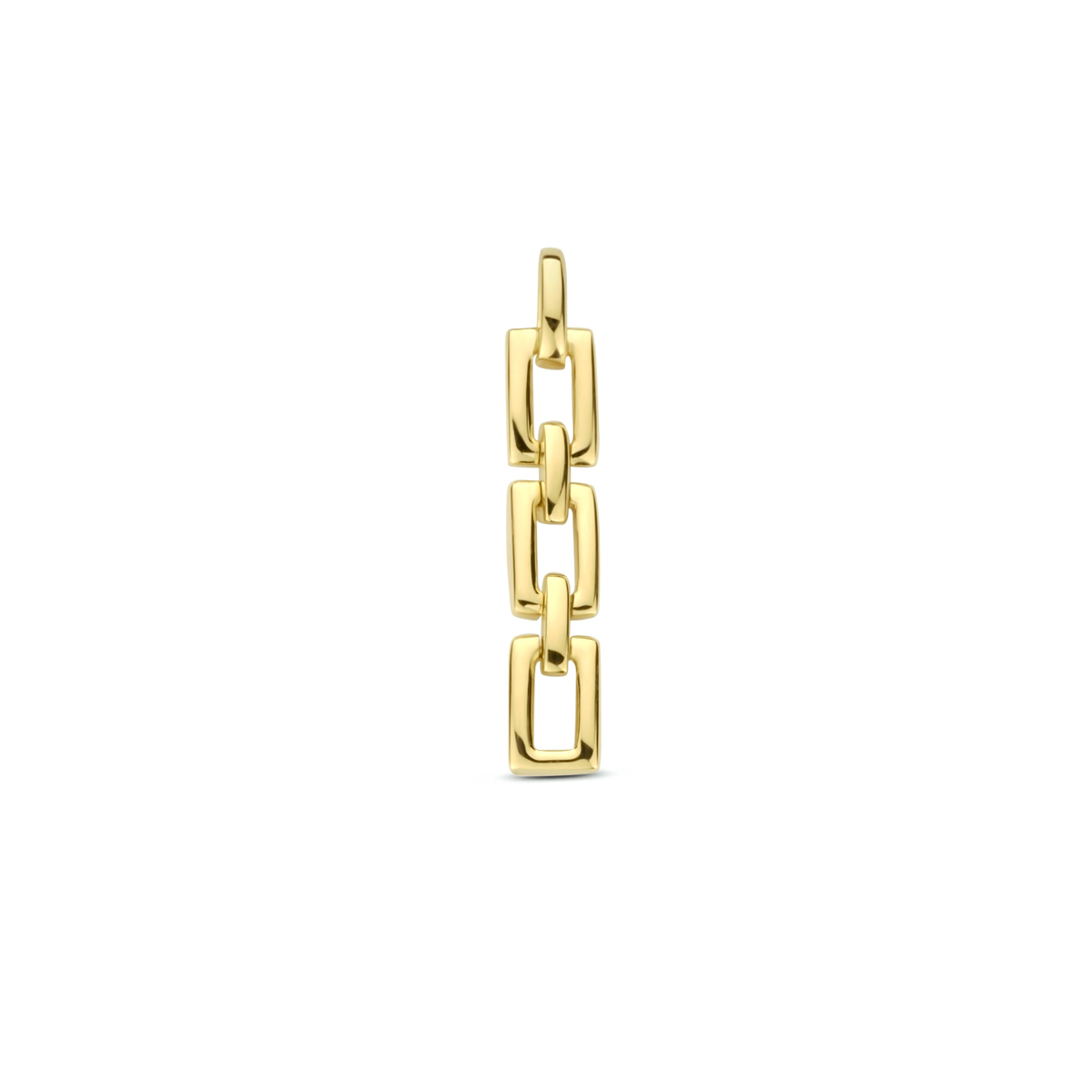 14k Geelgouden hanger uitgevoerd in schakelvorm. De hanger heeft een totale hoogte van 2.3cm en een breedte van 4mm.