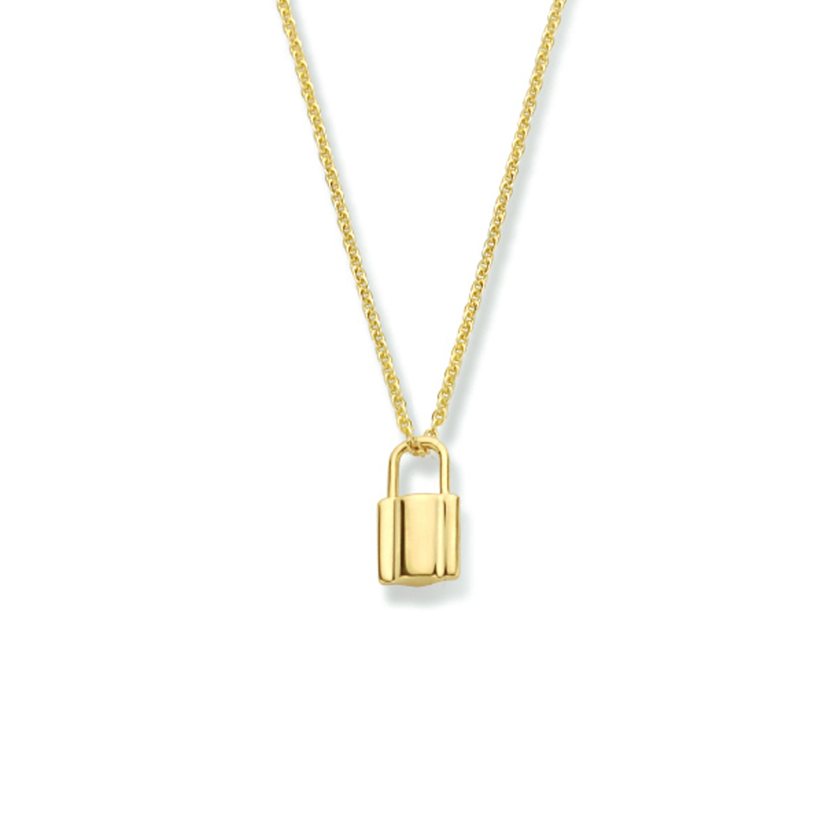 14k Geelgouden collier uitgevoerd met een hangertje in de vorm van een slot. Het collier heeft draaglengtes van 40, 42 en 44cm. Het hangertje heeft een afmeting van 9x5mm.