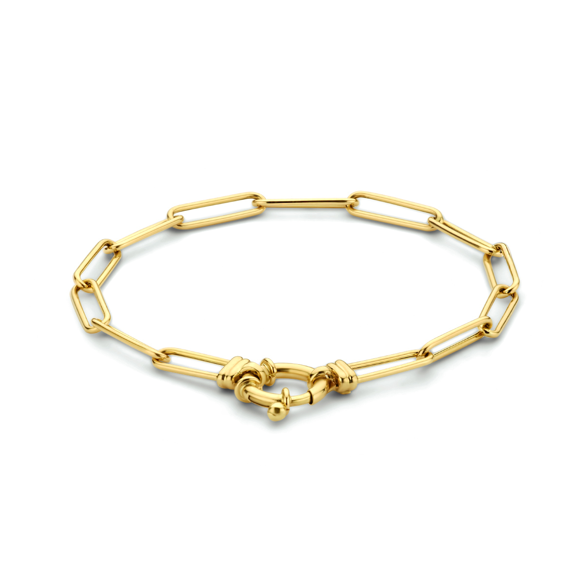 14k Geelgouden paperclip armband met een schakelbreedte van 4mm. De armband heeft een draaglengte van 18cm en een veerslot.