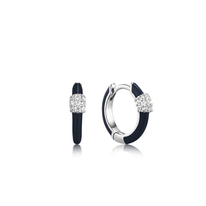 Bright Future - Navy Blue Carabiner Silver Huggie Hoop Earrings Silver
Zilveren oorringen Ania Haie 
Blue emaille AHE031-01H-B
